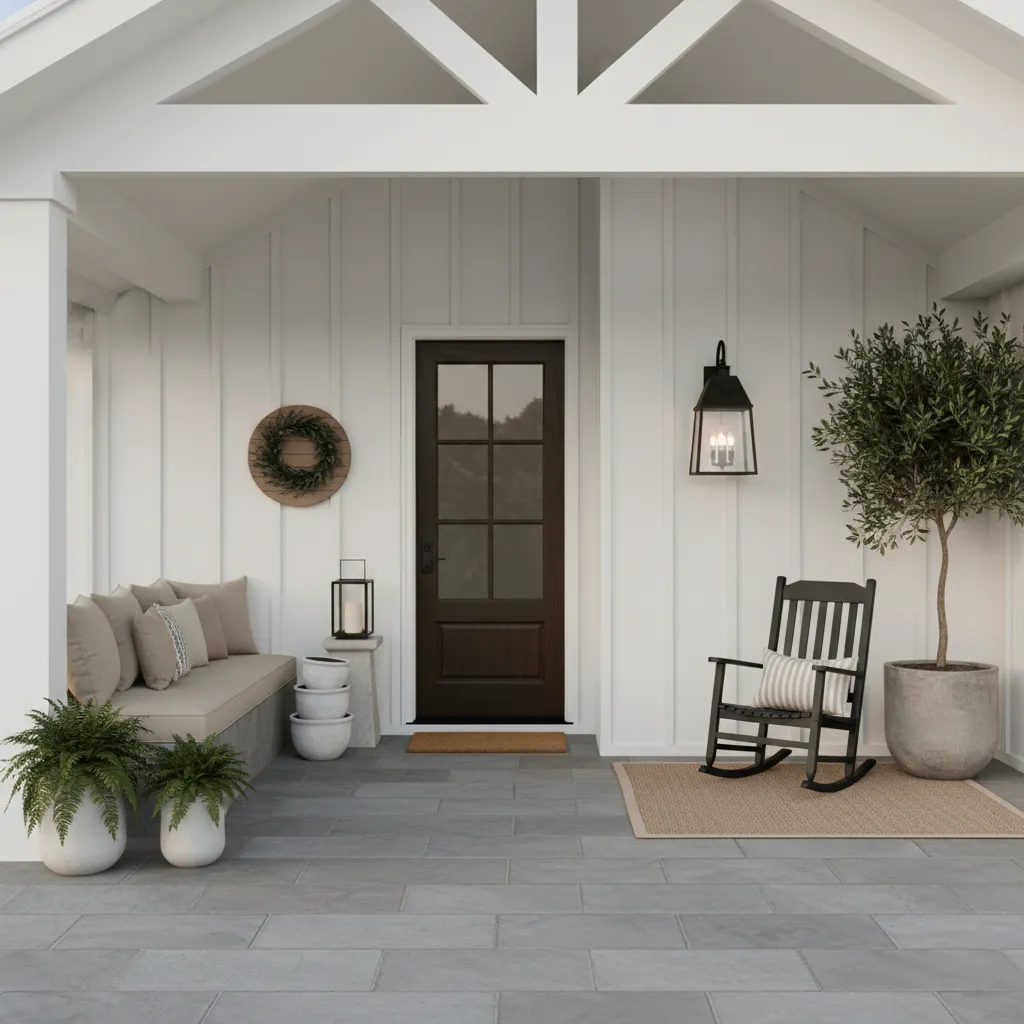 Asymmetrical decor layout balancing an off center front door