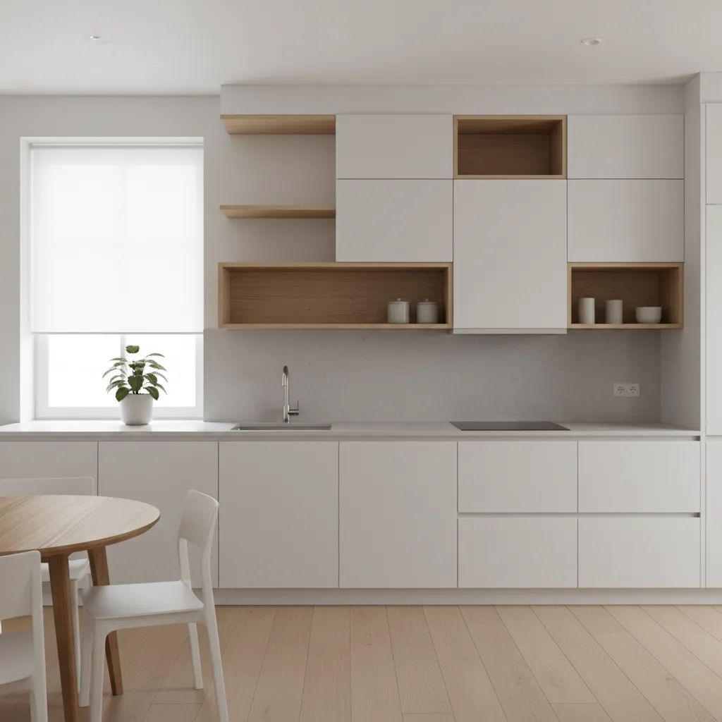 Example of asymmetrical kitchen cabinets with staggered wall units