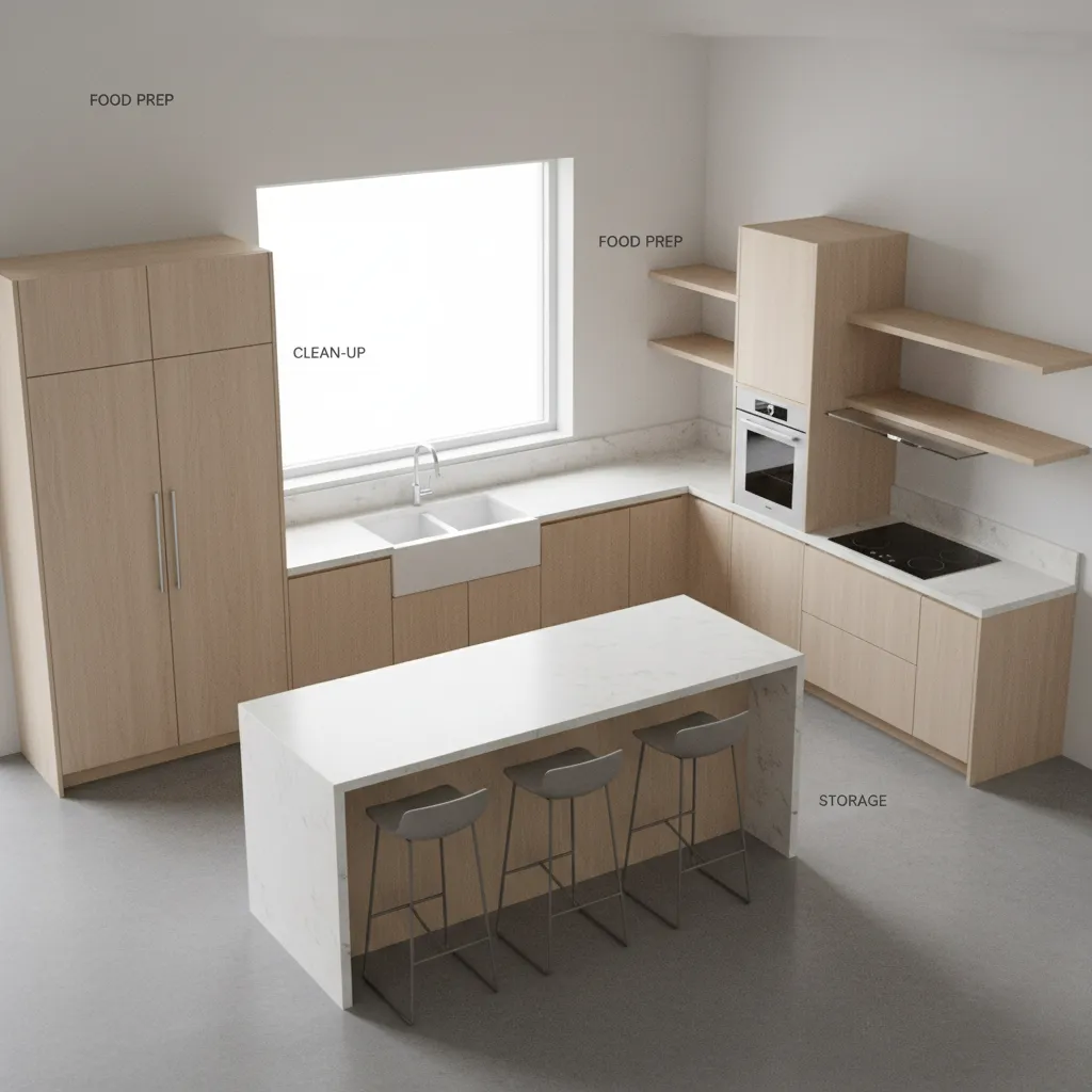 Kitchen layout showing asymmetrical cabinet placement around windows and appliances