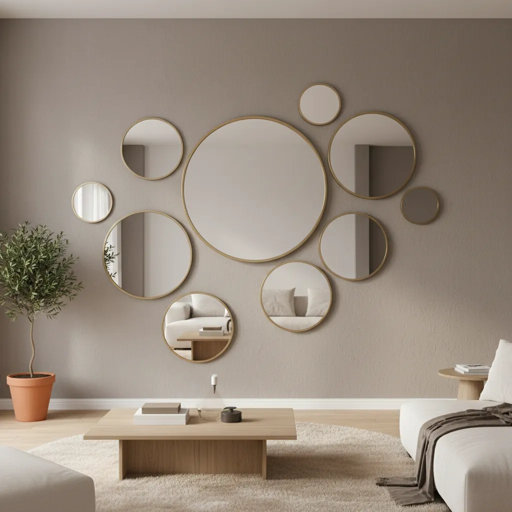 modern asymmetrical arrangement of round mirrors on large wall