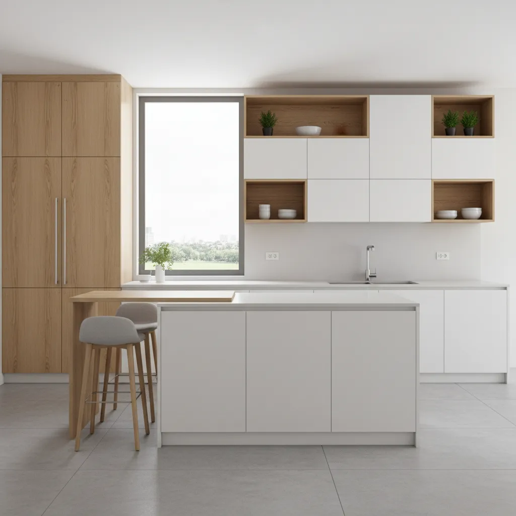 Modern small kitchen with asymmetrical cabinets and open shelving