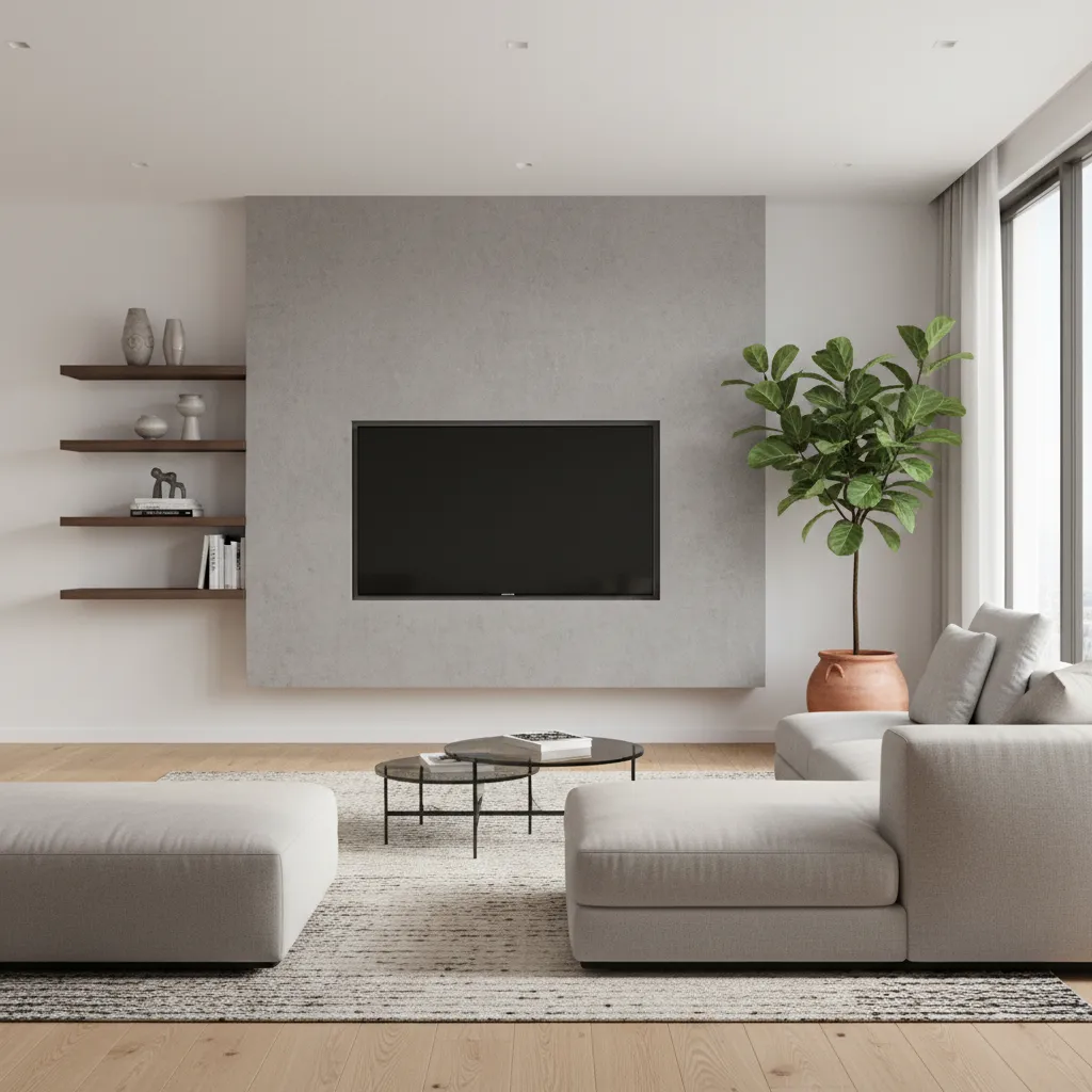 modern asymmetrical TV wall with shelves on one side and plant on the other