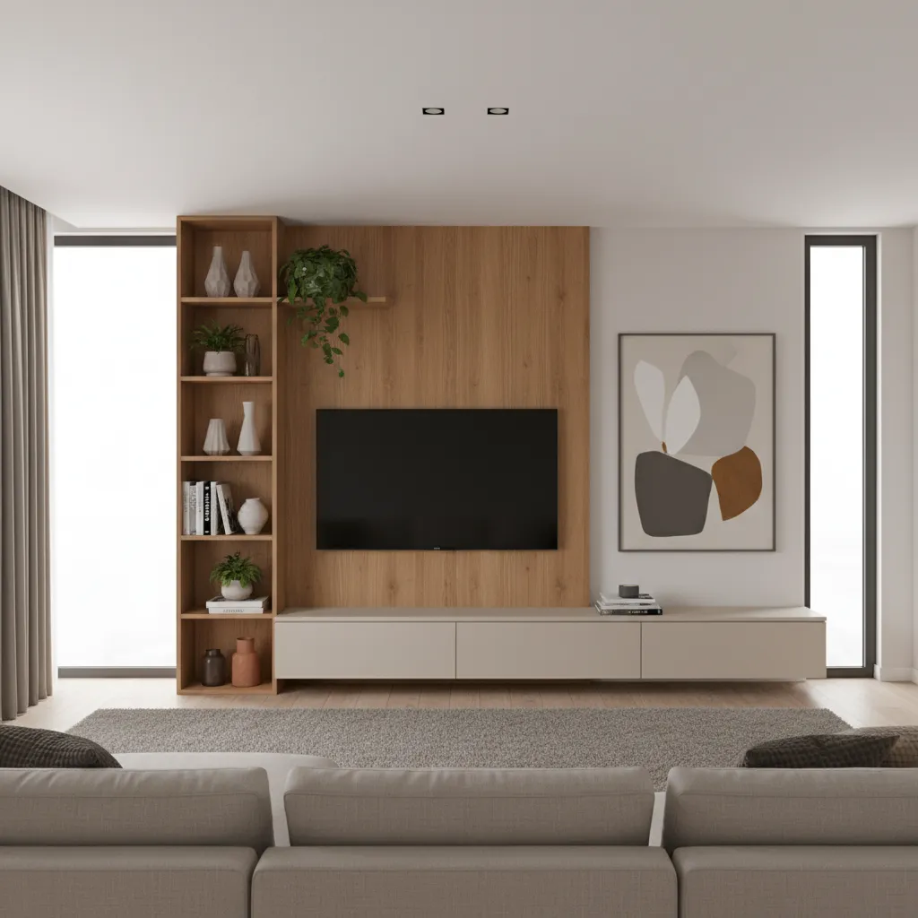 Asymmetrical living room TV wall with shelves and cabinets
