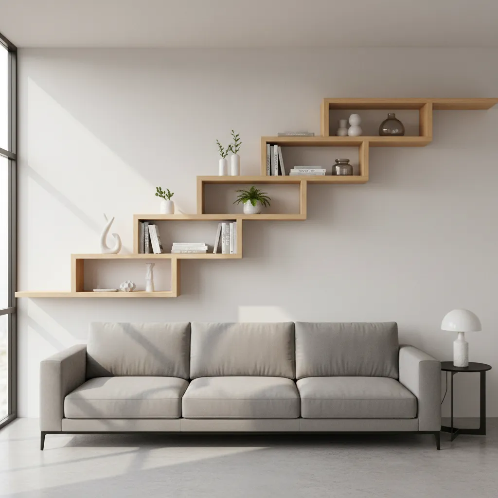 Asymmetrical wall shelf arrangement in a modern living room