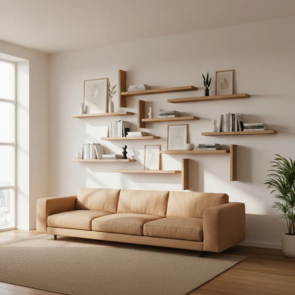 asymmetrical wall shelves arrangement in modern living room
