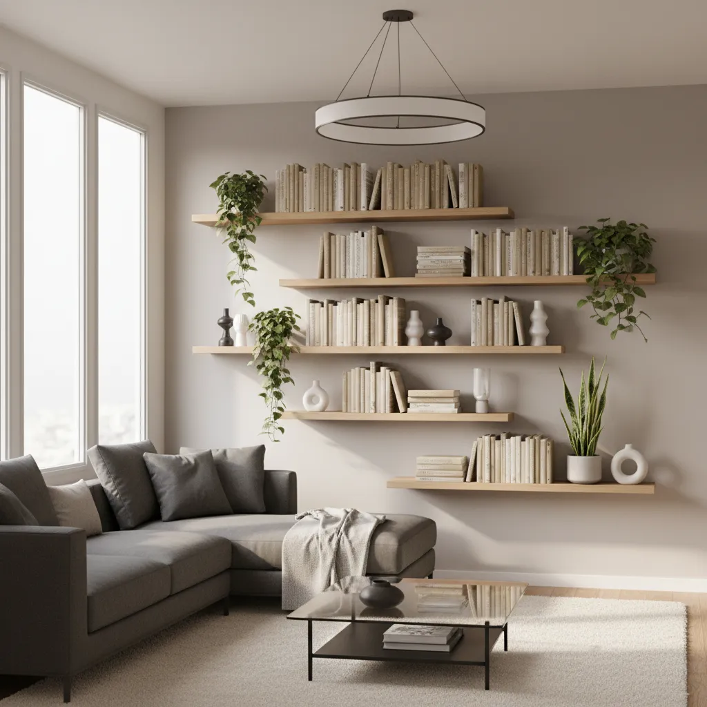 Modern asymmetrical wall shelf arrangement in a living room