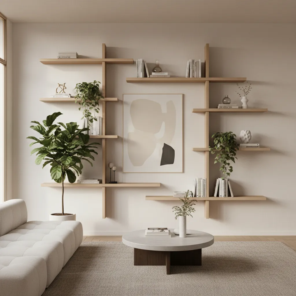asymmetrical wall shelf arrangement creating modern living room display