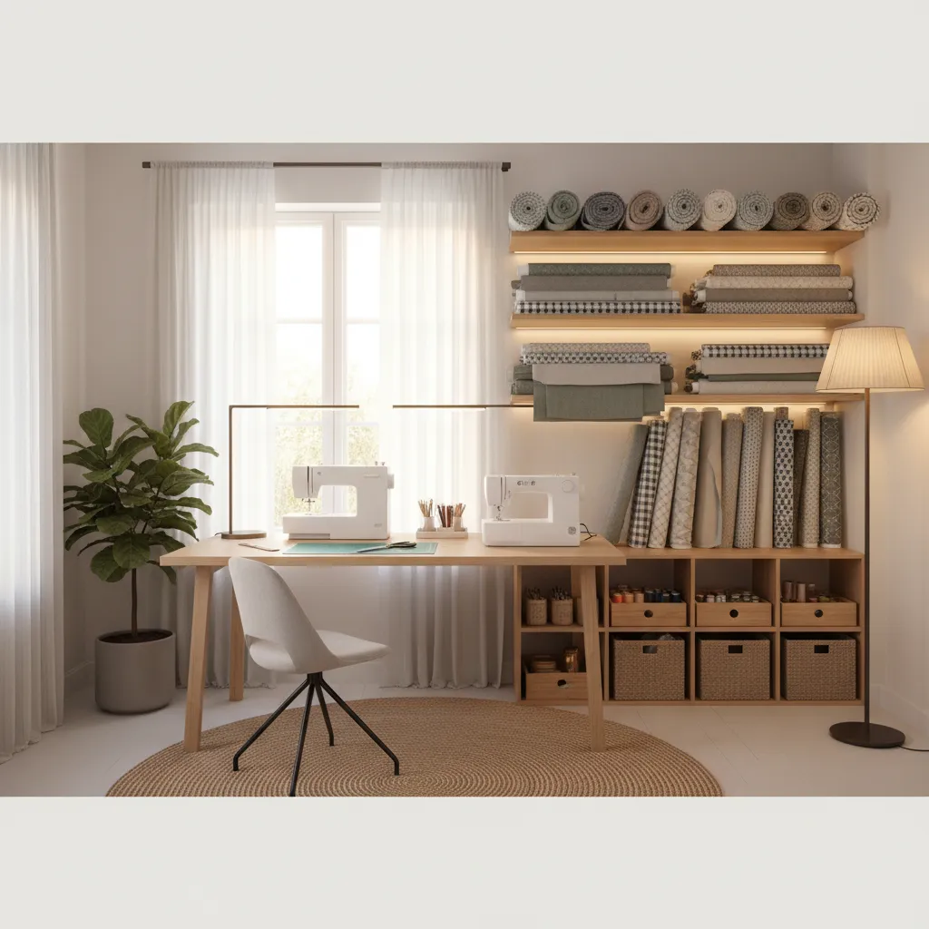 Pequeño atelier doméstico con máquina de coser y decoración minimalista