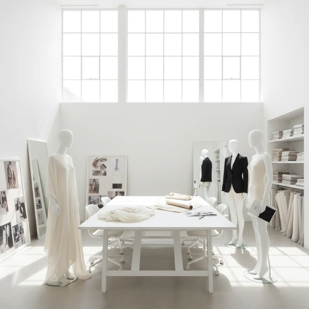 Atelier de moda blanco con mesas de patronaje y luz natural