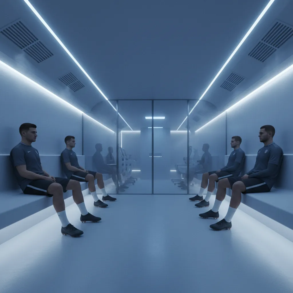 Soccer players sitting inside a controlled cold recovery room after training