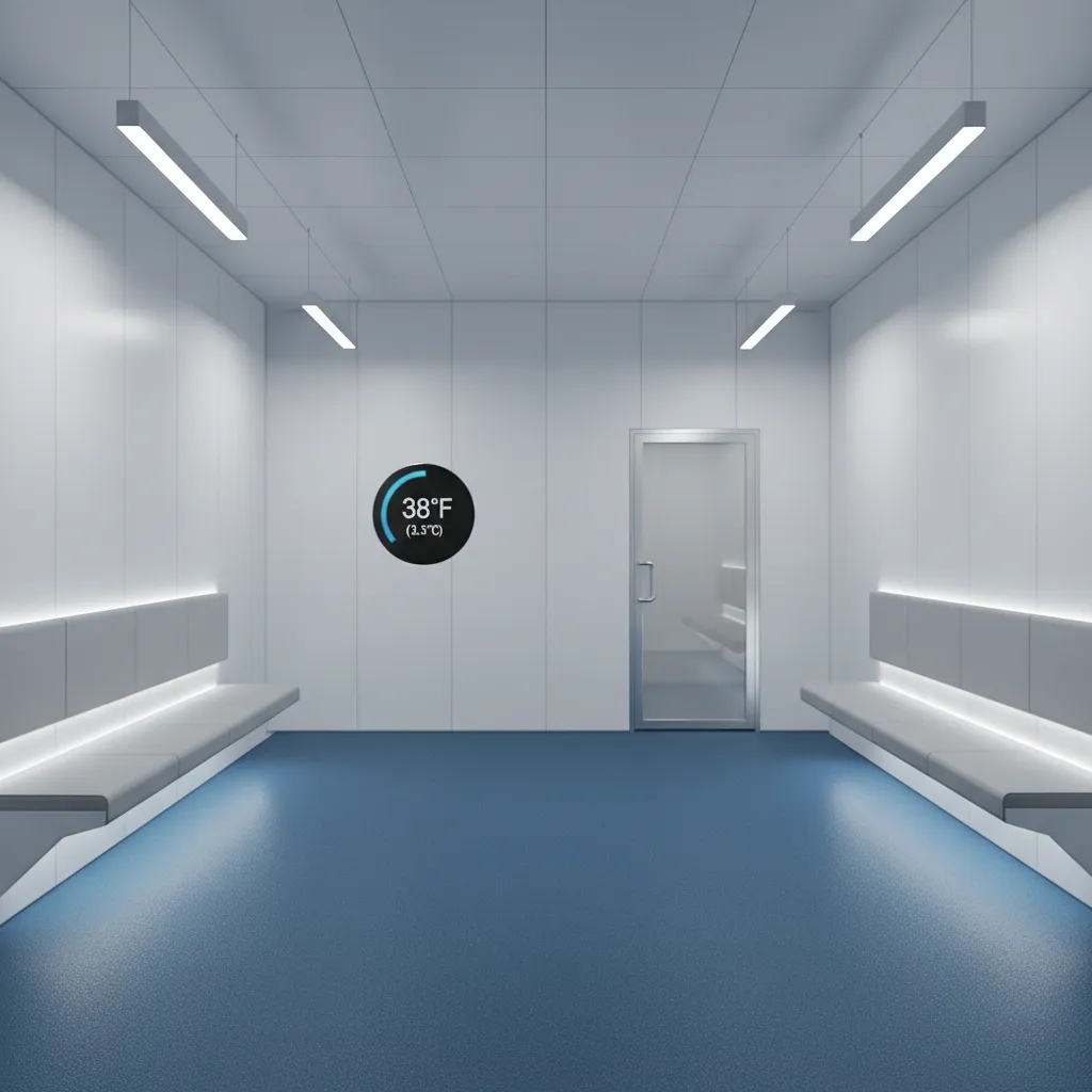 Athlete cold therapy room with wall seating and open center space for team recovery