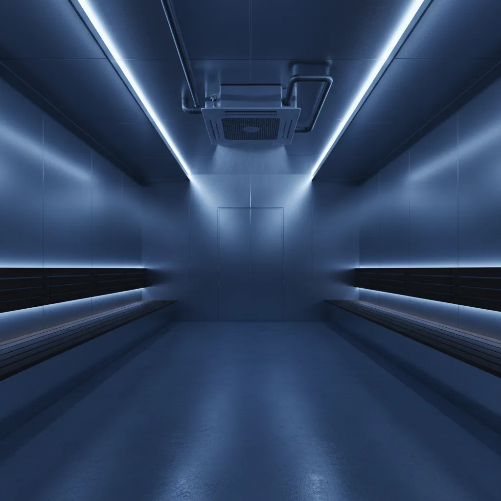 Interior of athlete recovery cold room with benches and cooling system