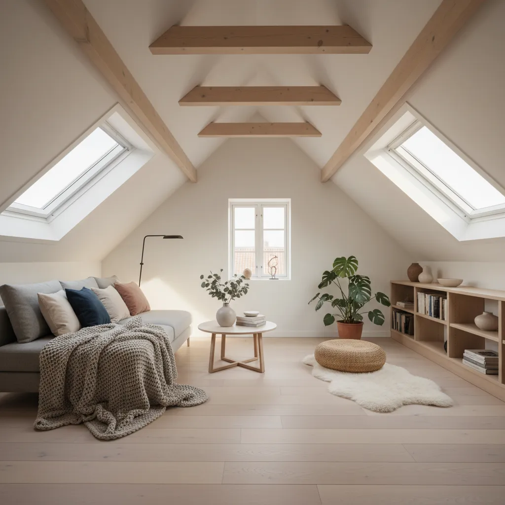 Ático habitable bajo techo de dos aguas con ventanas de tejado