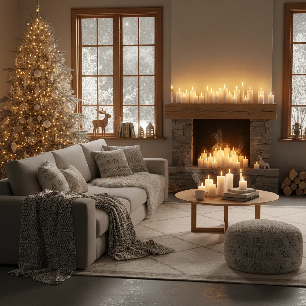 Salón con textiles cálidos, luces y decoración navideña acogedora