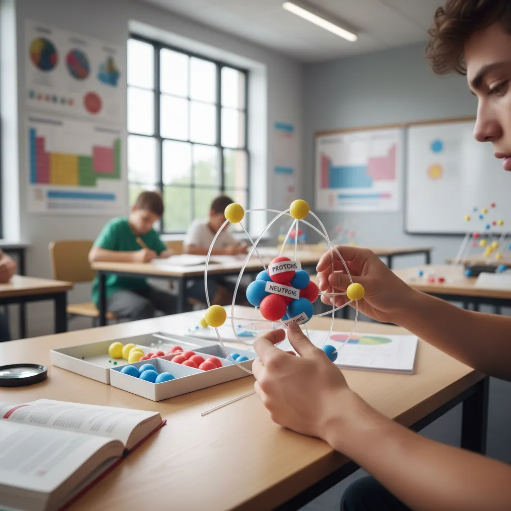 student assembling colorful atom model with labeled protons neutrons and electrons