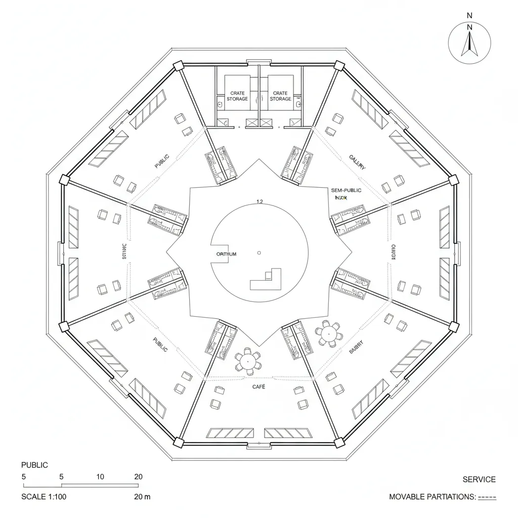 Top-down CAD plan of a central atrium hub with radiating gallery wings and service ring