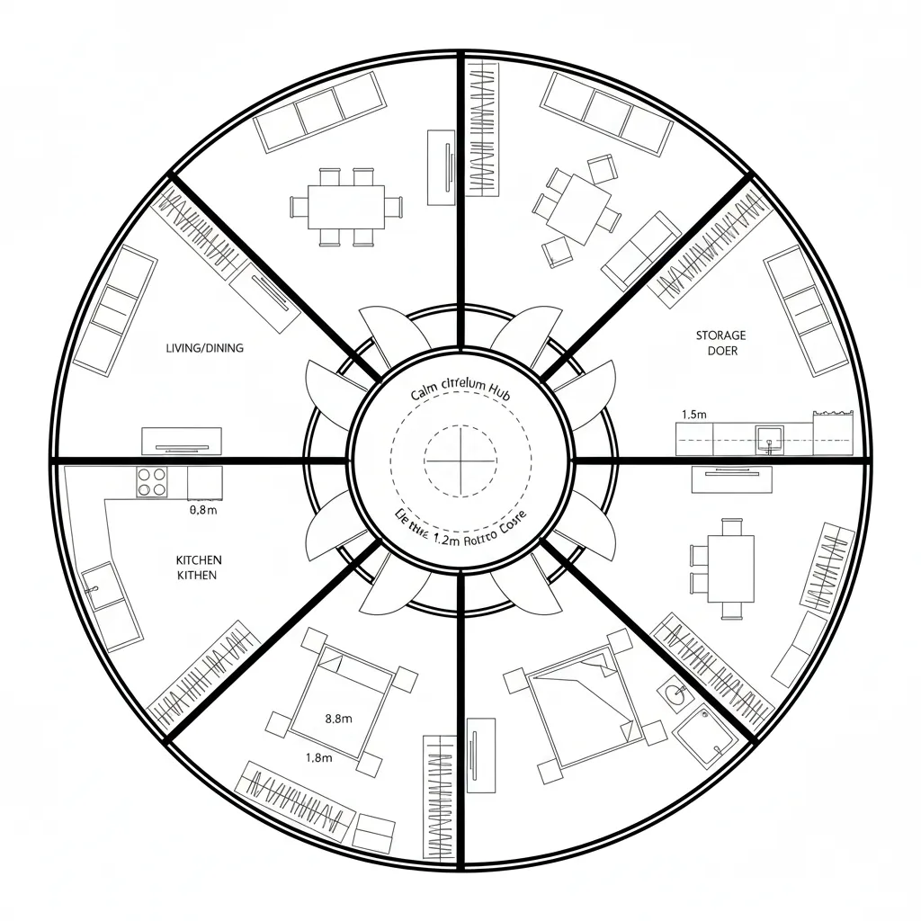 Top-down CAD plan of a central atrium hub with radial micro-routes to bays