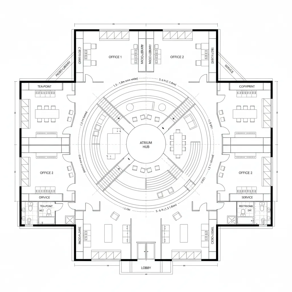 Top-down CAD plan of a central atrium hub with quiet perimeter offices and amenities