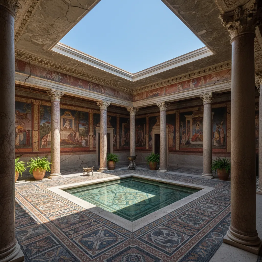 Atrio de una casa romana con impluvium y mosaico decorativo