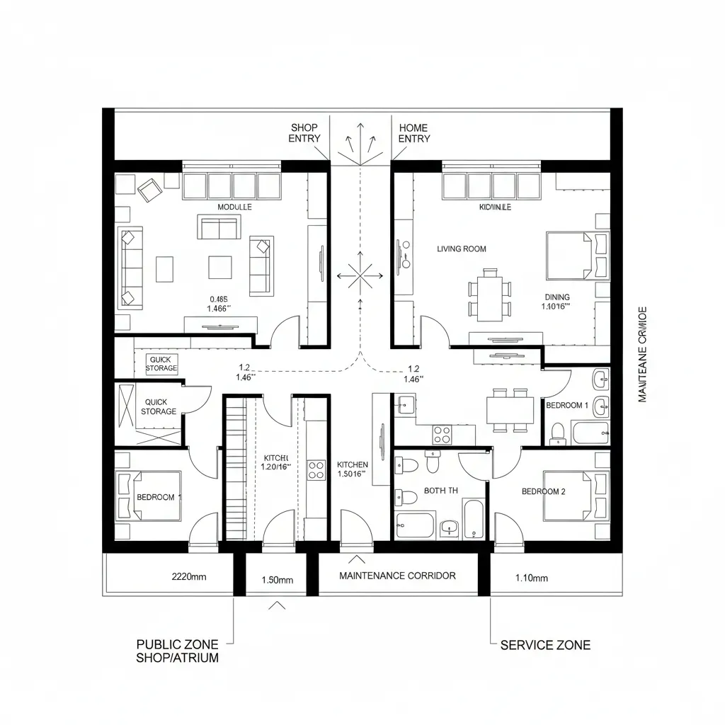 Top-down CAD plan with central atrium spine separating shop and home with dual entries