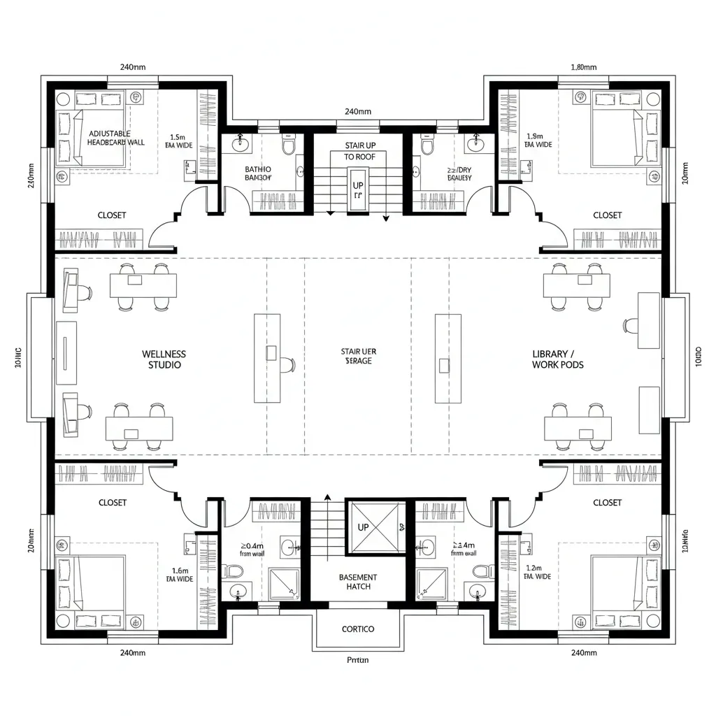 2D CAD plan with a central atrium spine and adjacent wellness and work zones