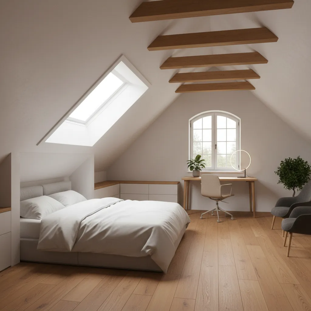 Attic bedroom layout with bed under slope and desk in highest ceiling area
