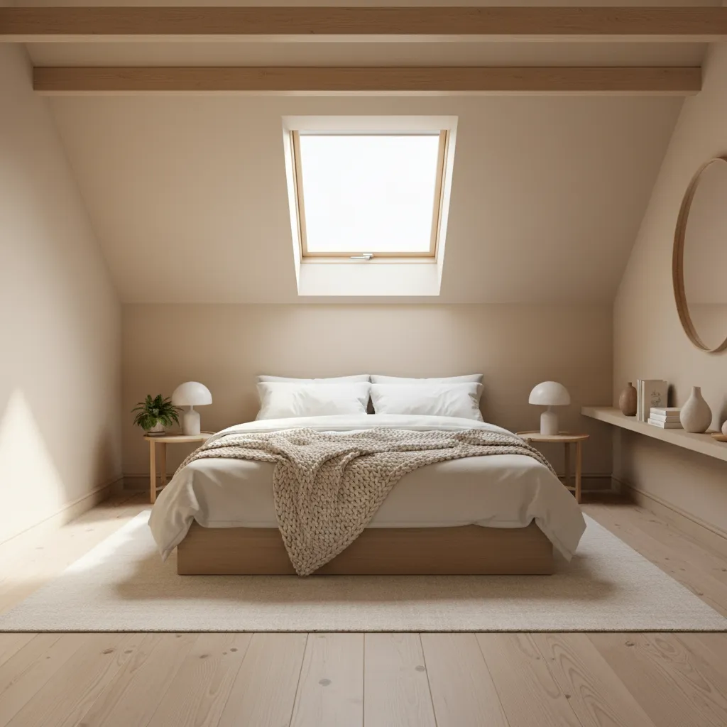 Attic bedroom with slanted ceiling and minimalist furniture layout