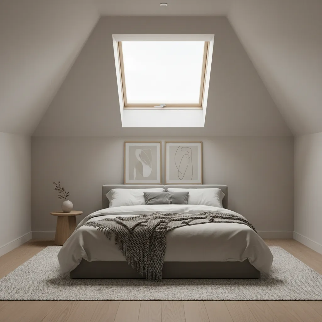 Modern attic bedroom with sloped walls and skylight showing minimal wall decor placement