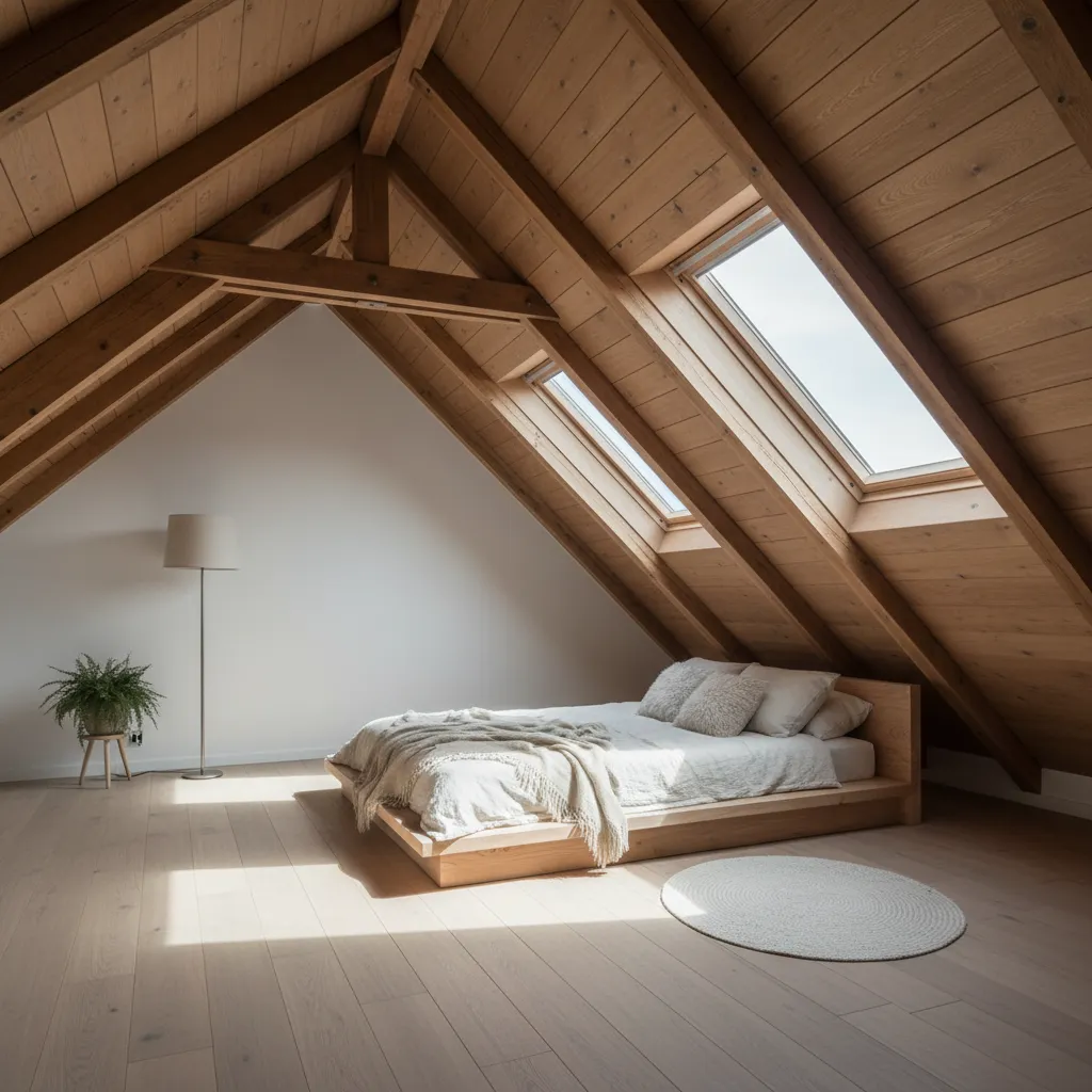 Minimalist attic bedroom showing sloped wooden ceiling beams with two roof windows and a bed
