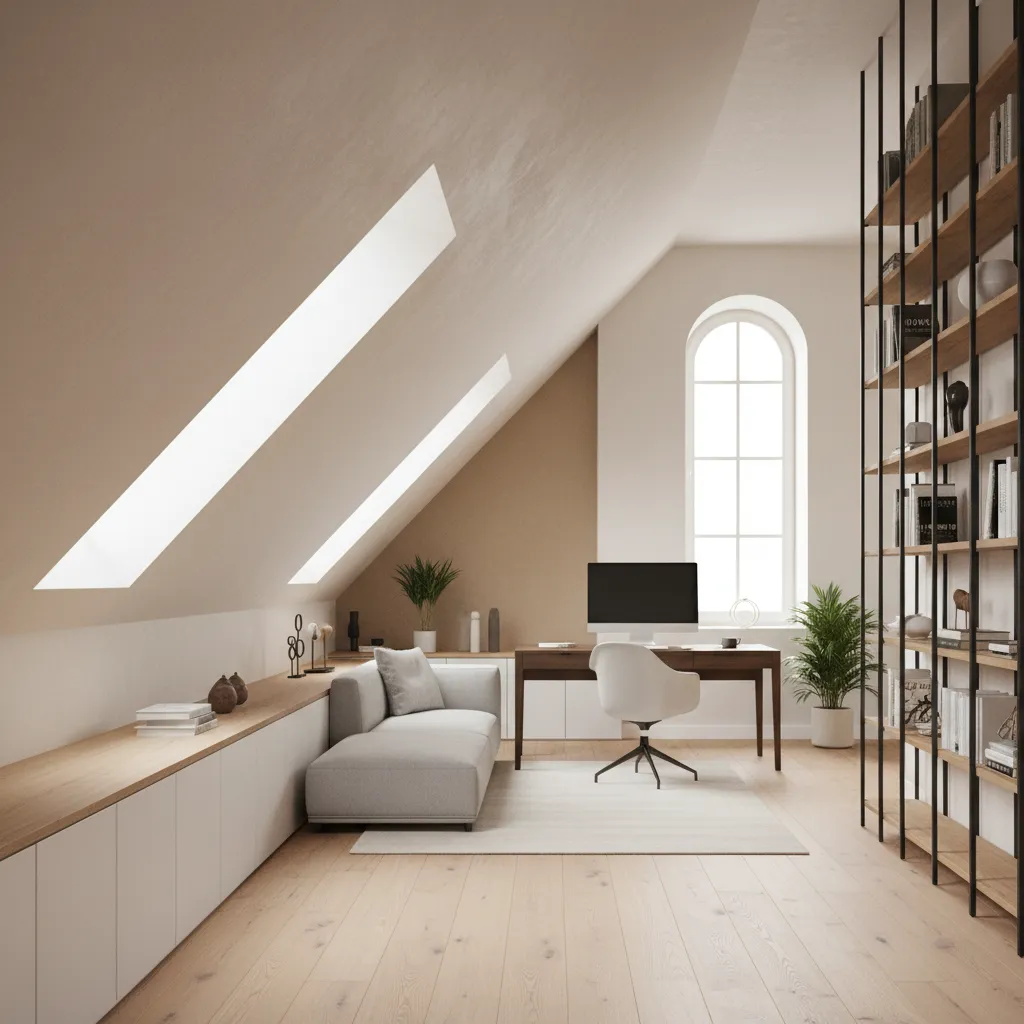 attic room showing furniture arranged according to ceiling height zones