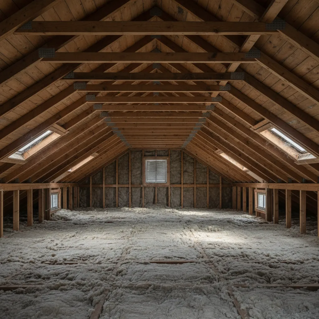 attic space showing uneven blown insulation and exposed gaps