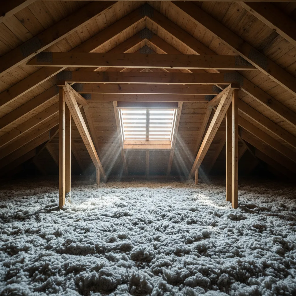 attic space with thick blown insulation covering ceiling joists