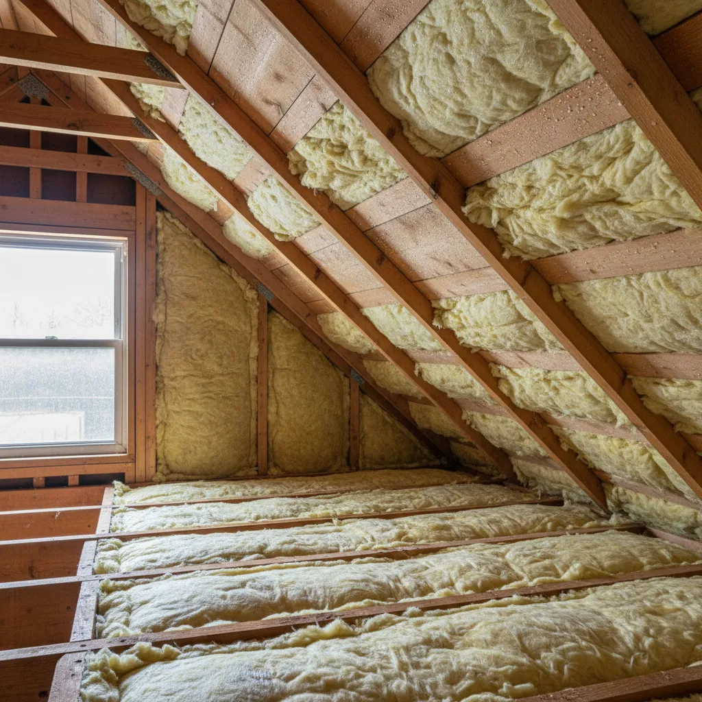 Damp attic insulation with visible condensation on roof decking