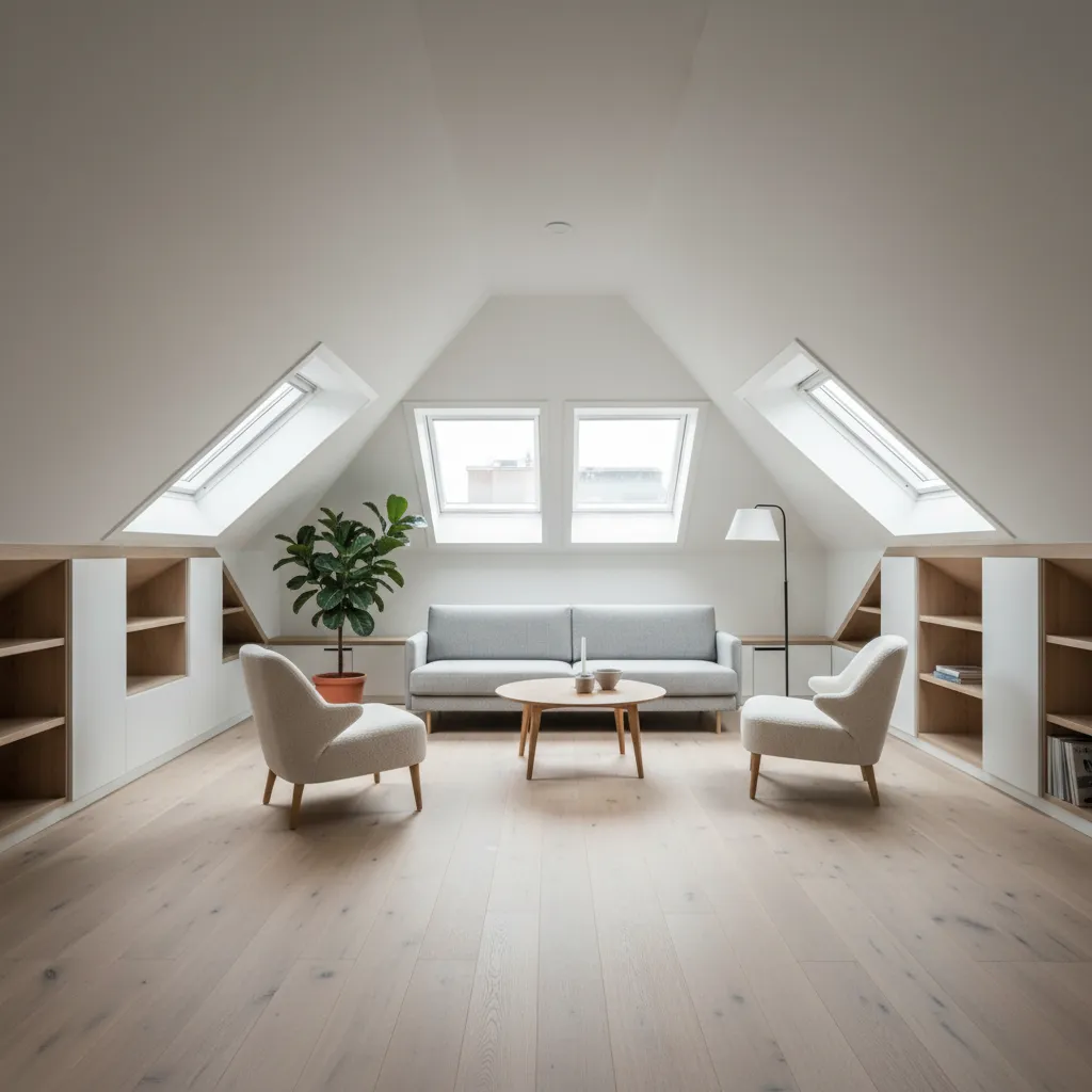 Ático moderno con techo inclinado y diseño interior optimizado