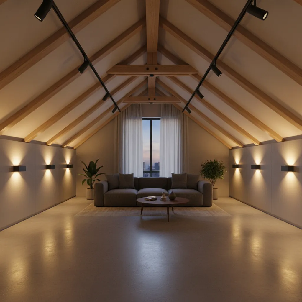Attic interior lighting design using track lighting and wall sconces on sloped ceilings