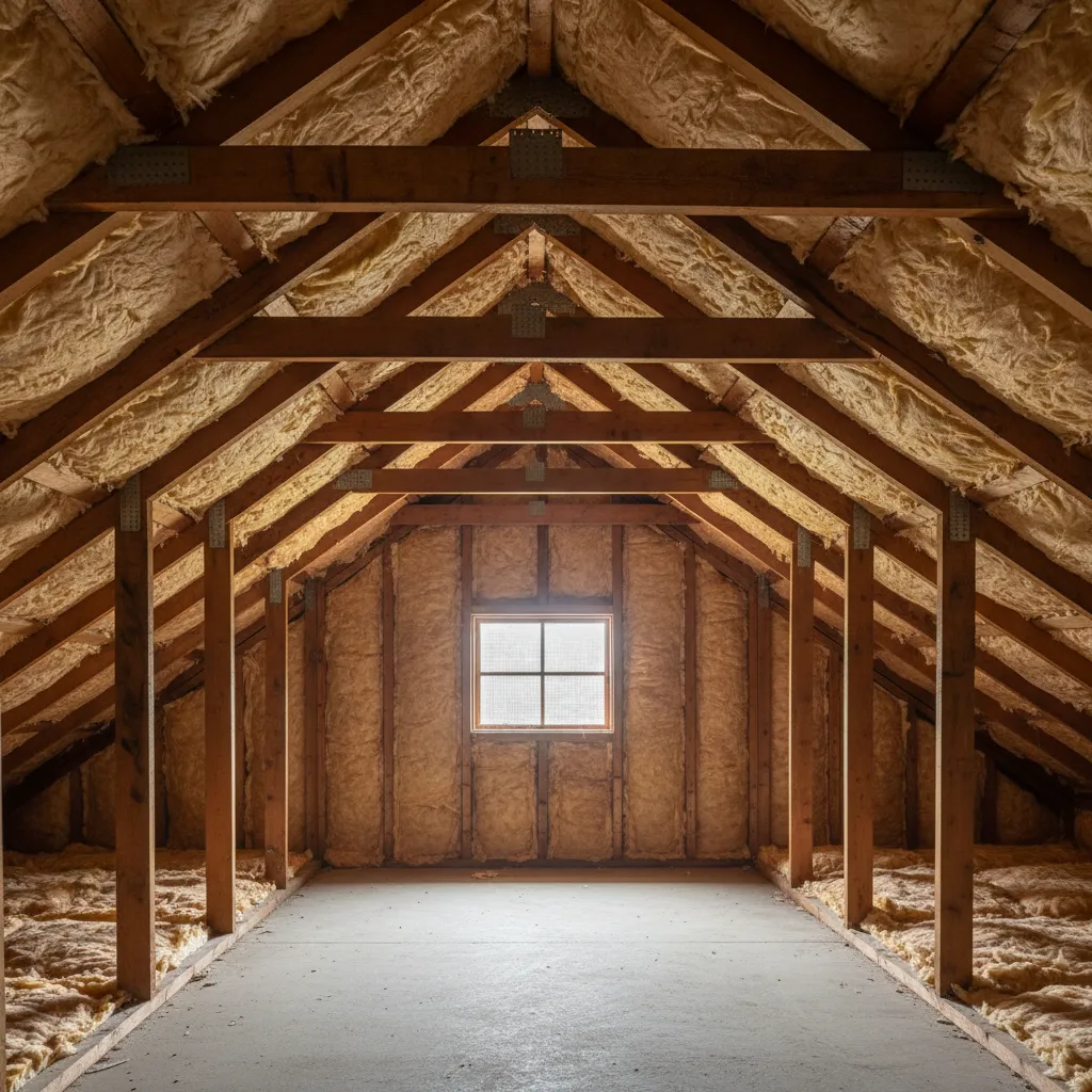attic rafters with moisture stains and damp insulation from roof condensation
