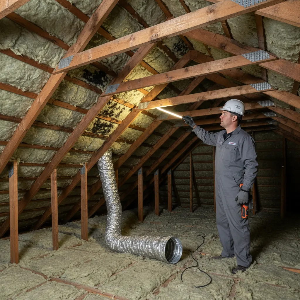 Attic mold growth caused by bathroom fan venting moisture into attic