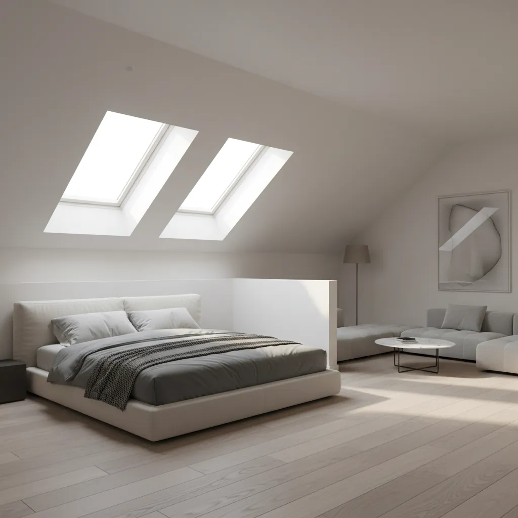 attic bedroom interior showing sloped ceiling and balanced furniture layout