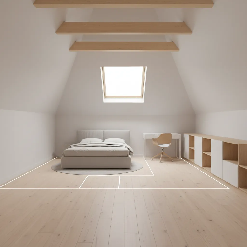 Attic room with sloped ceiling showing layout zones for furniture placement