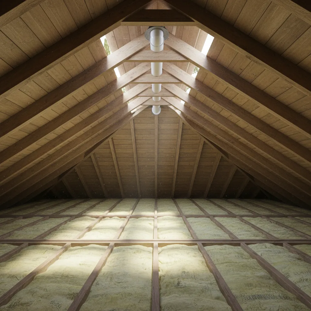 Attic view showing plumbing vent pipe passing through roof framing