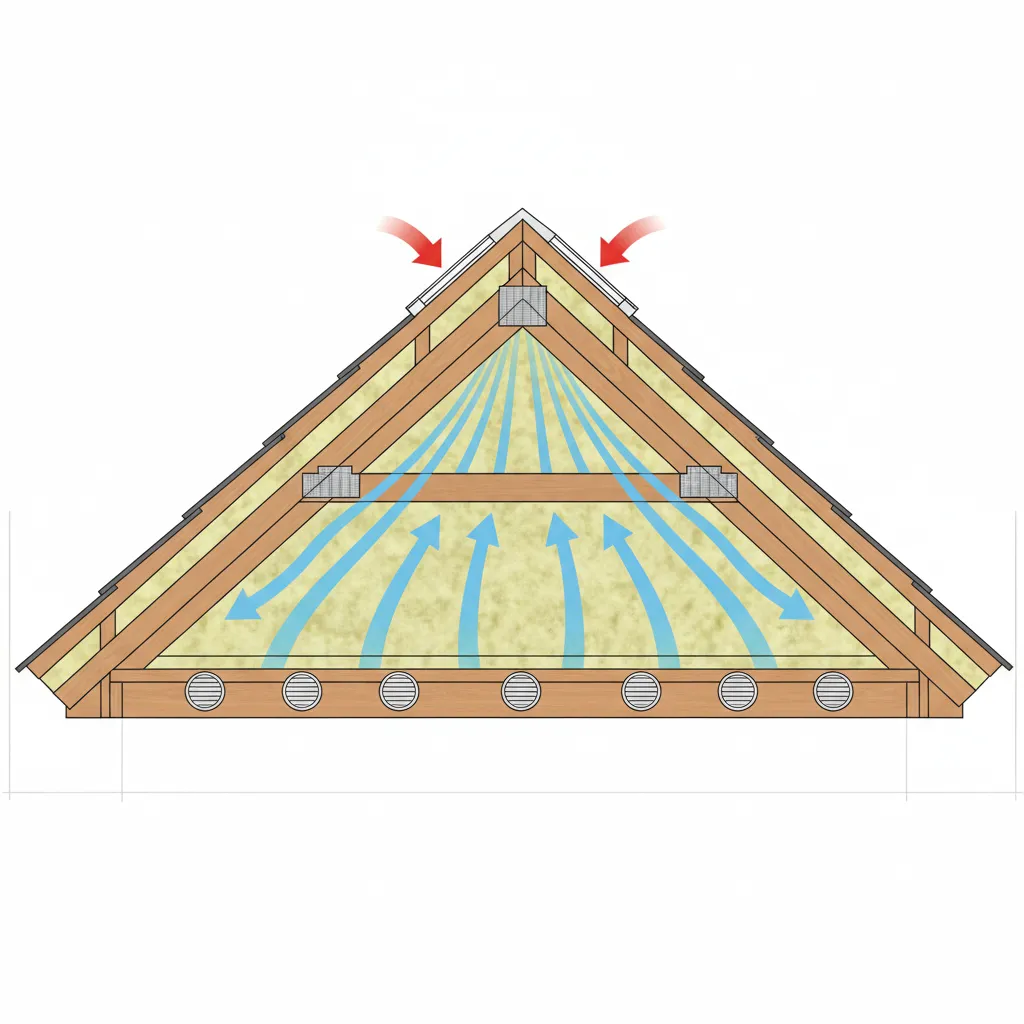 Attic ventilation airflow showing soffit intake and ridge exhaust