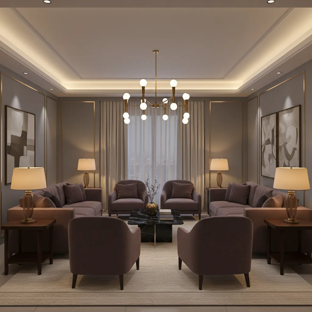 Aubergine and grey living room with layered warm lighting and velvet seating