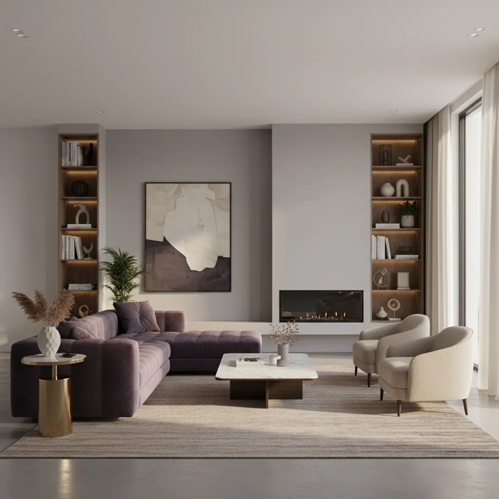 Modern living room with aubergine velvet sofa and soft grey interior palette