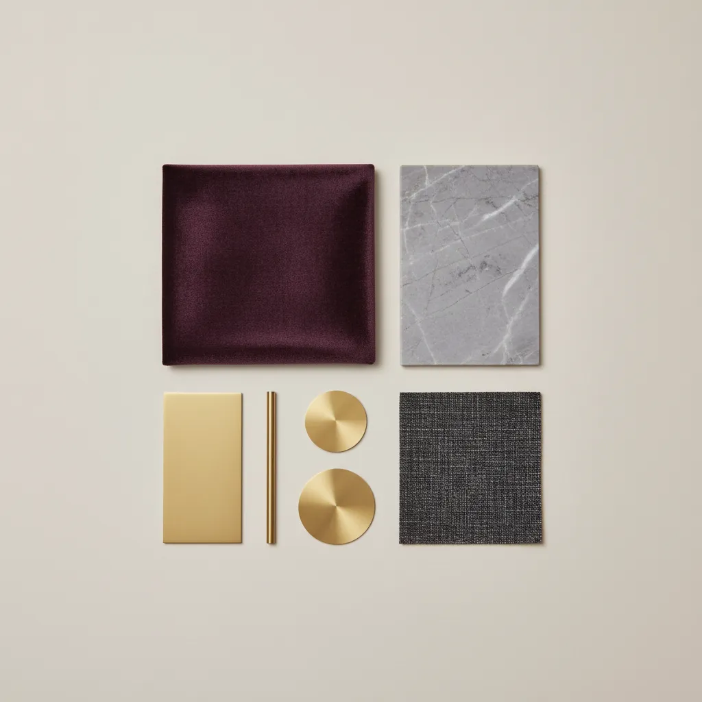 Material palette featuring aubergine velvet grey marble and brass accents