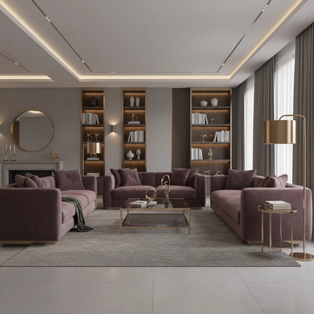 Brass lighting and decor accents in aubergine and grey living room