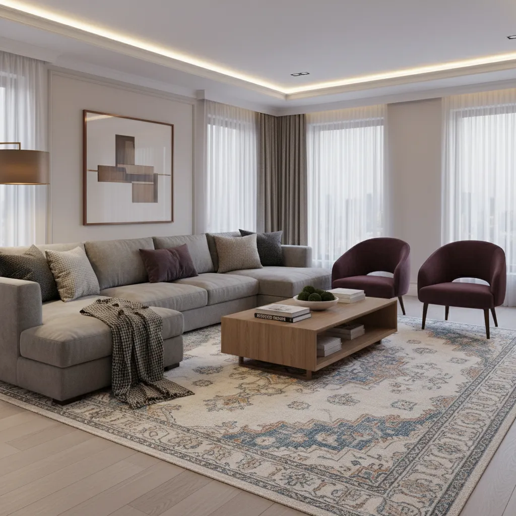 Large patterned rug under grey sofa and aubergine chairs