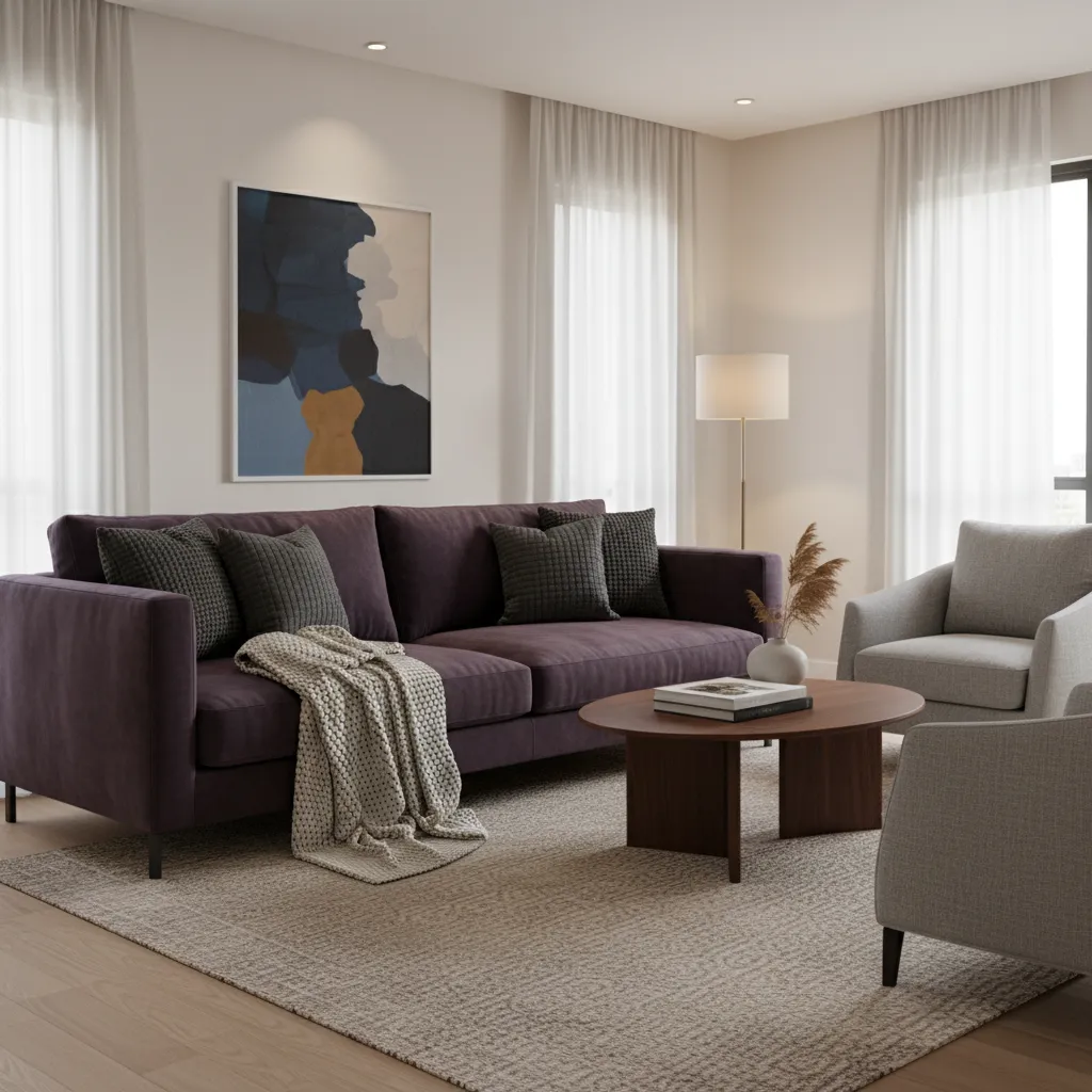 Layered textures in aubergine and grey living room with velvet sofa and wool textiles