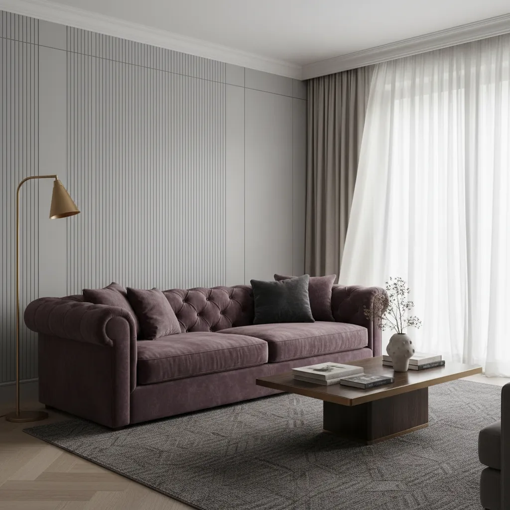 Layered textures in aubergine and grey living room with velvet sofa rug and brass lighting
