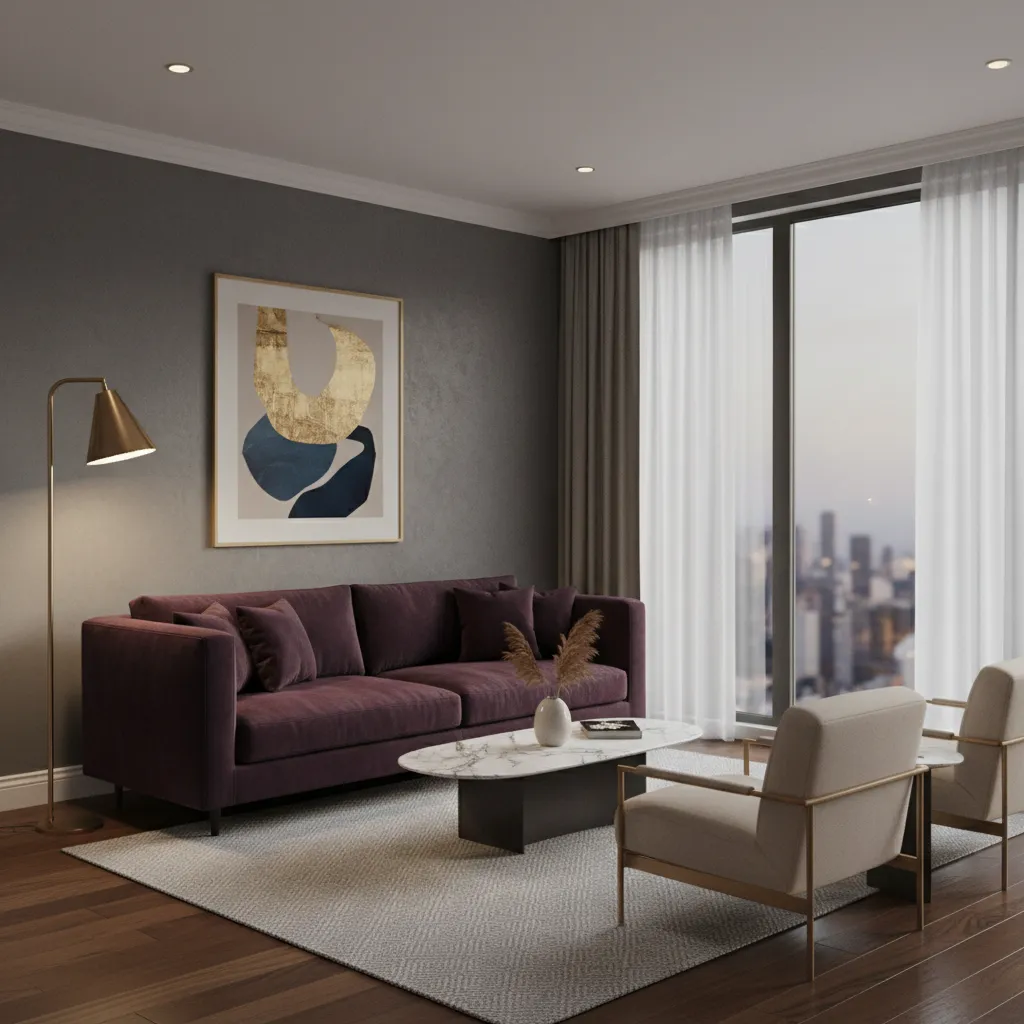 Aubergine sofa against charcoal grey living room wall