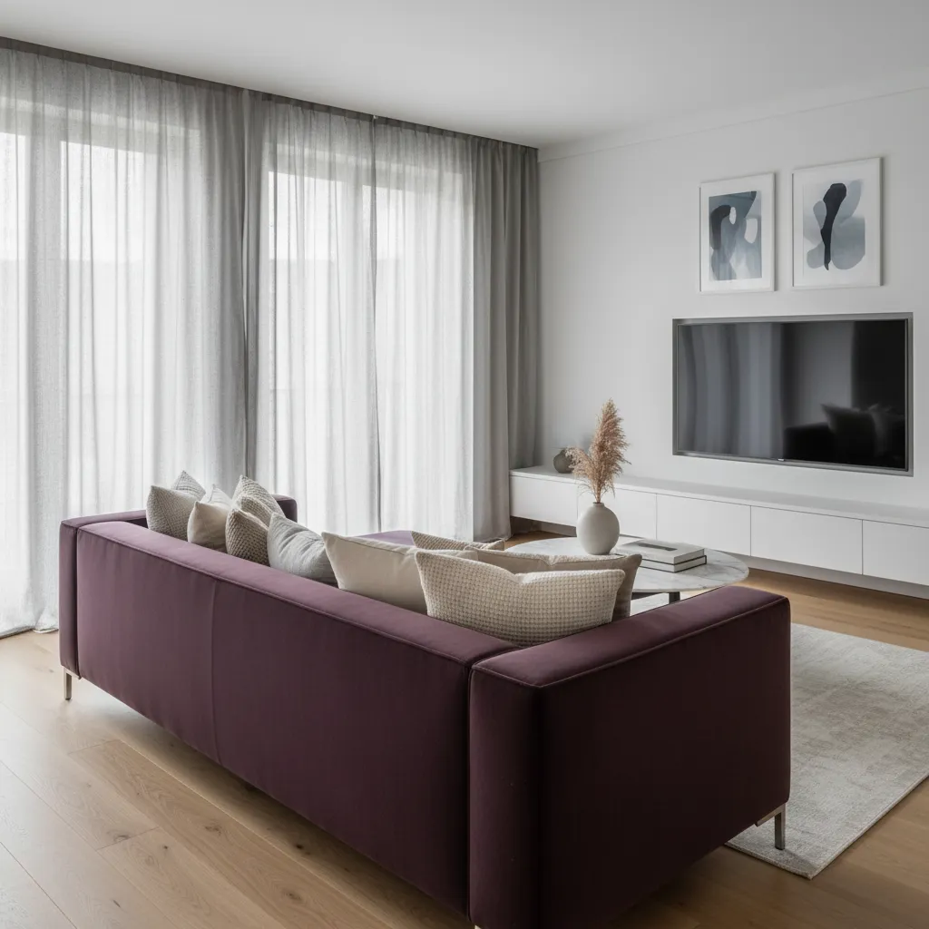 Aubergine velvet sofa paired with grey curtains and neutral decor